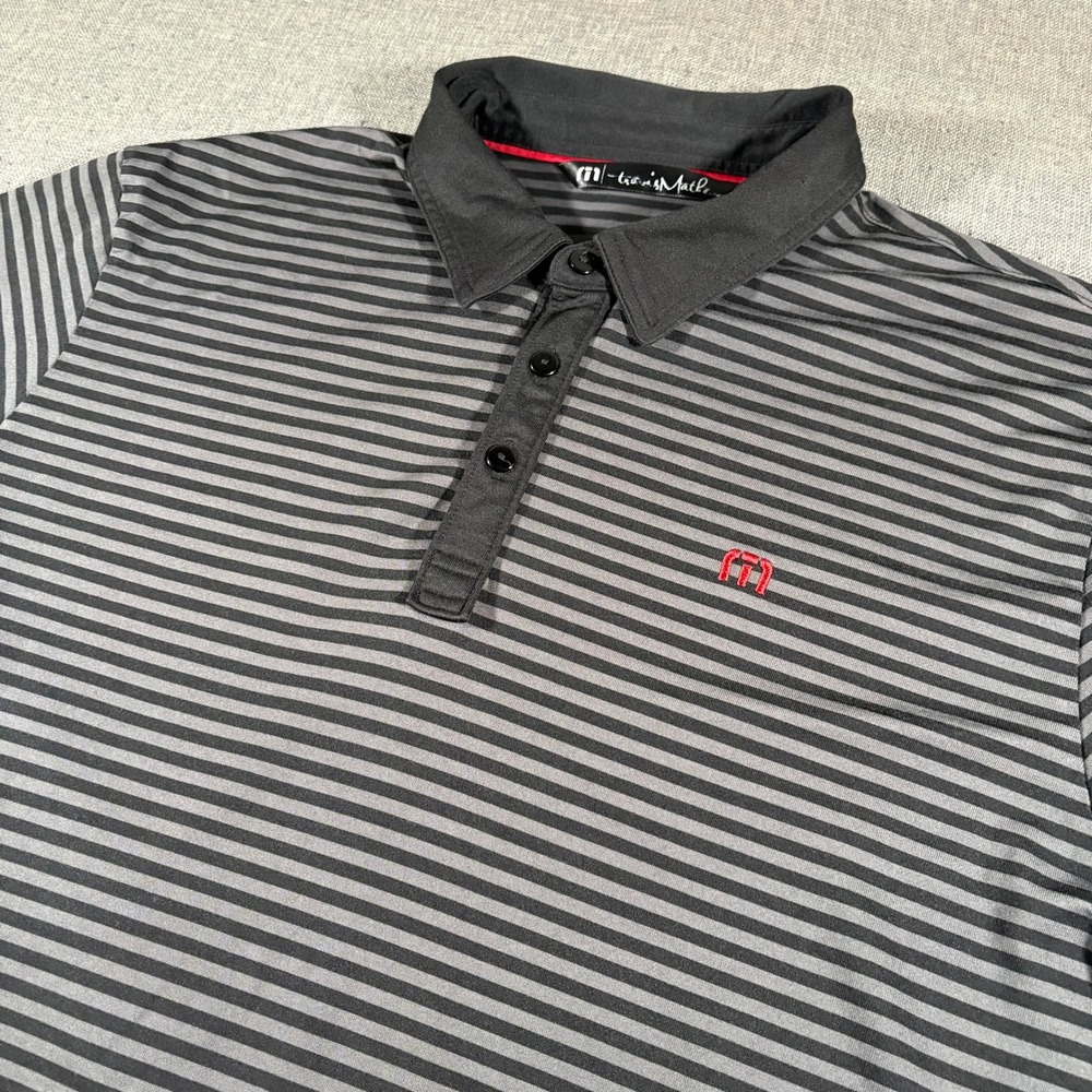 TravisMathew Polo Shirt Mens XL Black Grey Striped Short Sleeve Pima Cotton